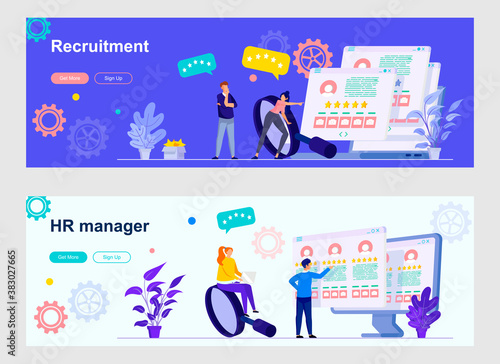 HR management landing page with people characters. Recruitment research, staff headhunting web banners. HR manager evaluating potential job candidates vector illustration great for social media cover.