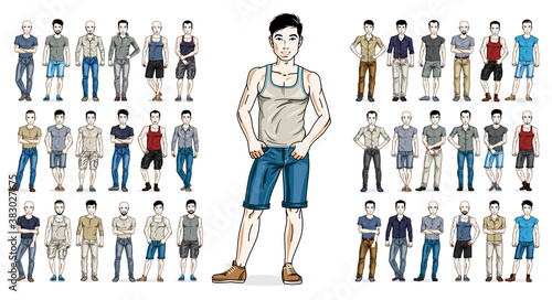 Men in casual wear vector illustrations big set isolated on white background, attractive and handsome males in full body length standing and posing, gorgeous people drawings collection.