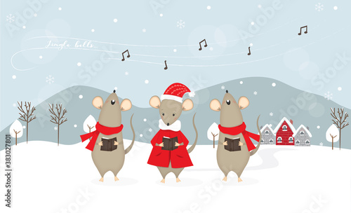 sfondo natalizio con topi carini che cantano  photo