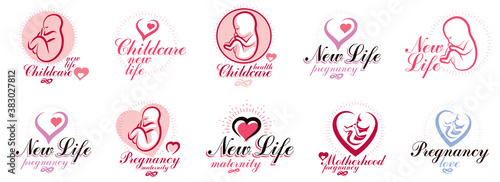 Pregnancy and motherhood theme vector illustrations set fetus drawings isolated on white background, new life baby shower beautiful baby.