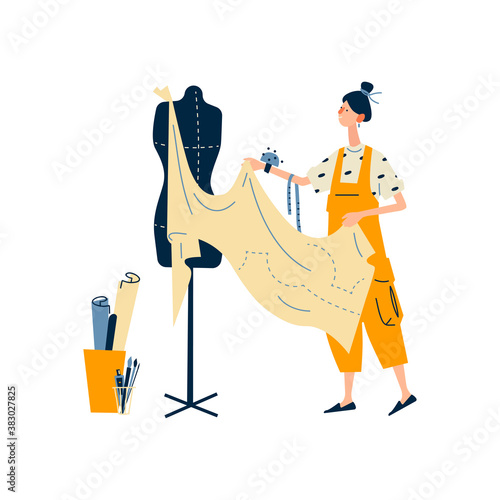 A woman enjoying their hobbies - creating fashion clothes designs. Fashion designer, needlewoman or seamstress working at home. Flat cartoon vector illustration on white background.