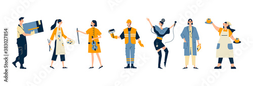 Collection of men and women of various occupations or profession wearing professional uniform - construction worker, physician, pastry chef, singer, musician, artist, builder. Flat cartoon vector .