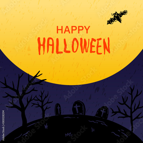 Halloween poster with a full moon night sky and tomb silhouette.