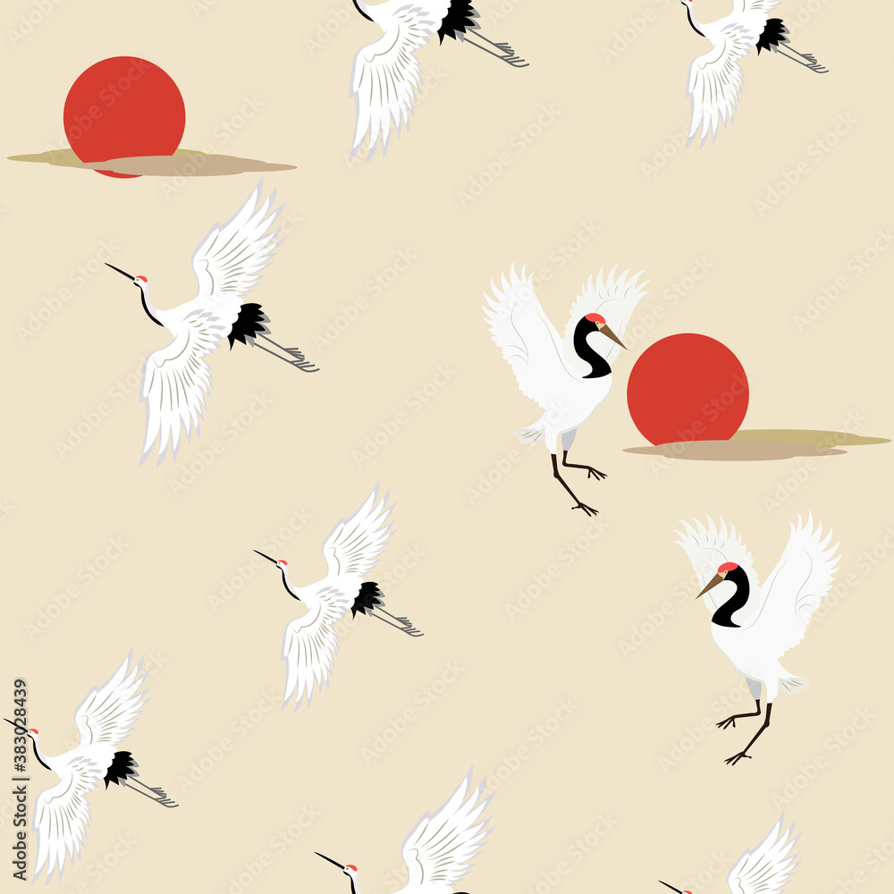 Seamless vector illustration with birds of cranes at sunrise. Seamless vector illustration with birds of cranes at sunrise.