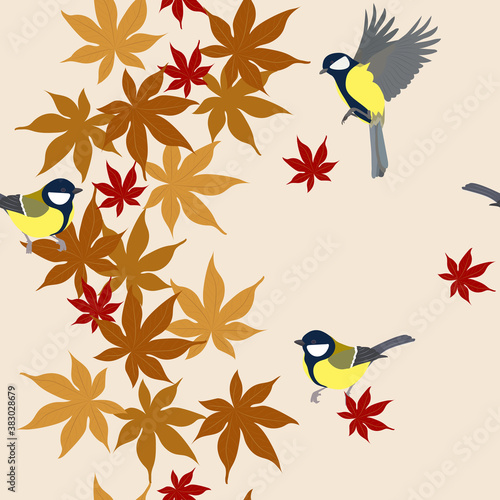 Vector seamless illustration with tits and autumn maple leaves.