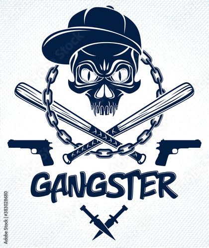 Gang brutal criminal emblem or logo with aggressive skull baseball bats and other weapons and design elements, vector anarchy crime terror retro style, ghetto revolutionary.