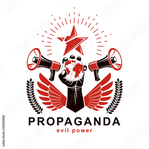 Presentation poster composed with loudspeakers, raised arm holds Earth globe, vector illustration. Propaganda as the means of global manipulation and control.