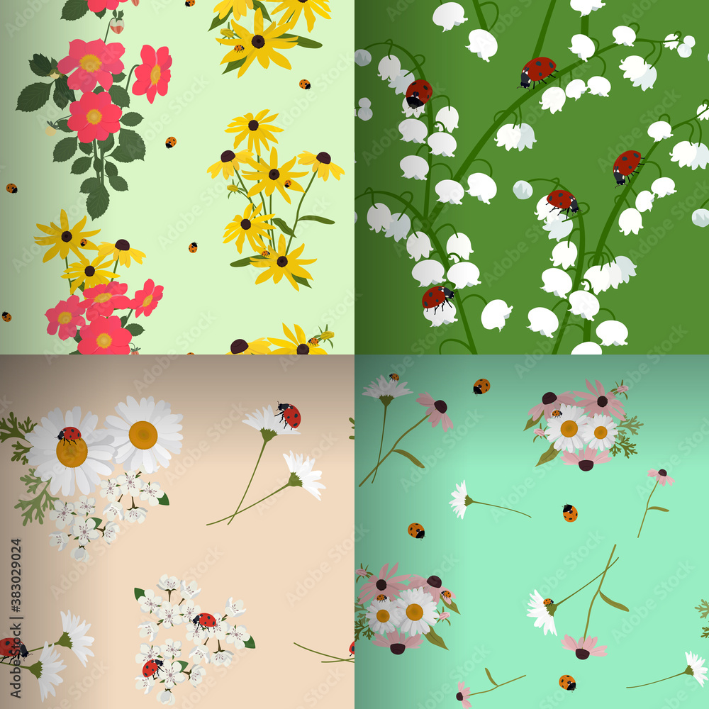 Fototapeta premium Beautiful set of seamless vector illustrations with summer flowers and ladybugs.
