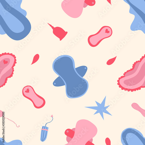 Cute vector seamless pattern with reusable sanitary pads, night sanitary pads, menstrual cups, panty liners, tampons and stars on light yellow background