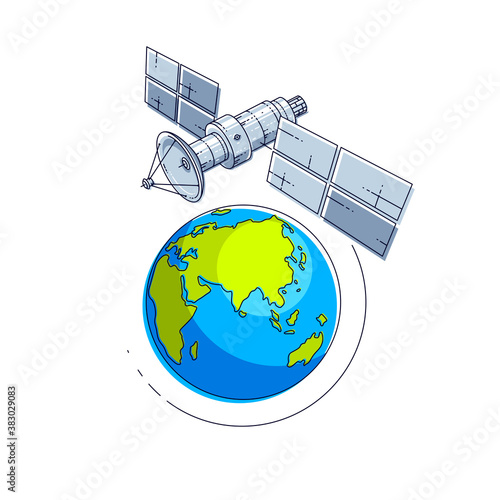 Communication satellite flying orbital spaceflight around earth, spacecraft space station with solar panels and satellite antenna plate. Thin line 3d vector illustration.