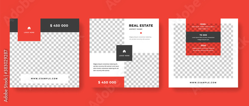 House selling templates for social media posts. Real estate agency square graphic layout with red accent. Graphic for estate agent