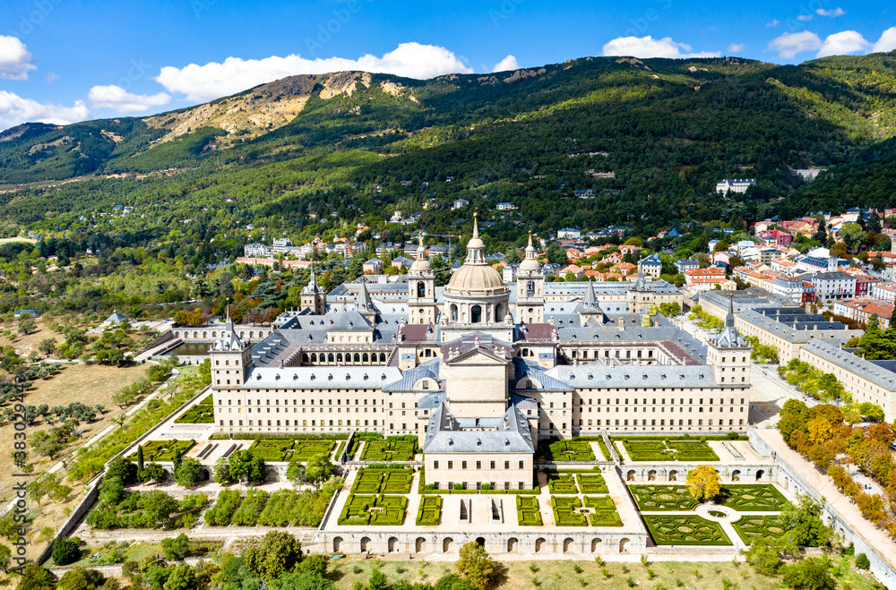Obraz premium Aerial view of the Royal Monastery of San Lorenzo de El Escorial near Madrid, Spain