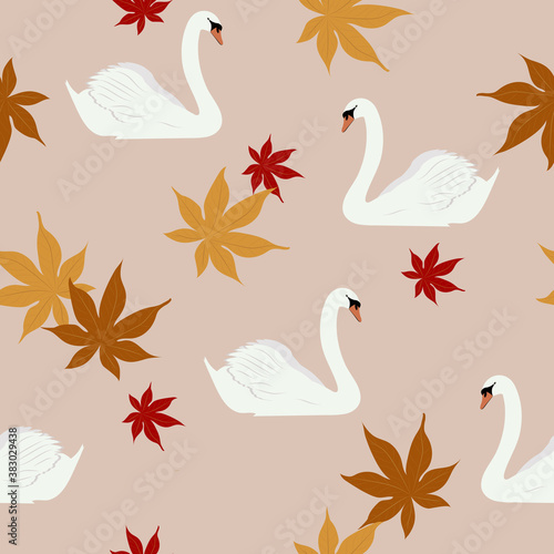 Seamless vector illustration with swans and maple leaves.