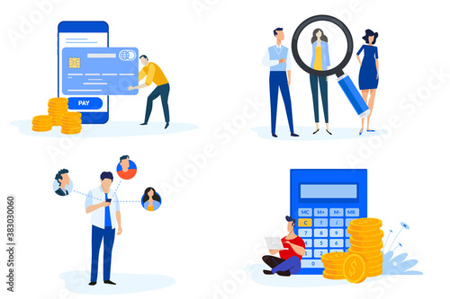 Set of people concept illustrations. Vector illustrations of m-commerce, online payment, e-banking, communication, human resources and career, accounting