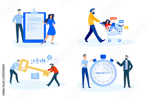 Set of people concept illustrations. Vector illustrations of shopping, key account, time management, survey .