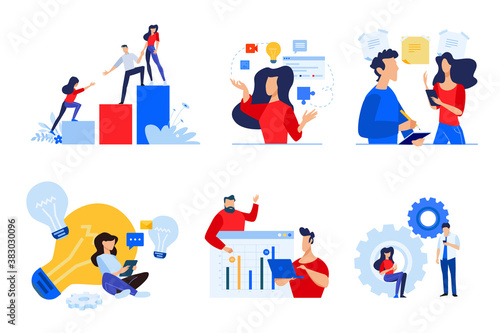 Set of people concept illustrations. Vector illustrations of teamwork, task management, project development, startup, brainstorming, business plan.