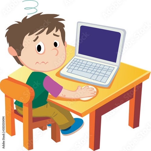 little boy gets tired because he has been using the computer for a long time