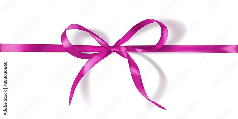 Pink bow made of narrow ribbon with shadow on white background. Horizontal arrangement Pink bow made of narrow ribbon with shadow on white background. Horizontal arrangement