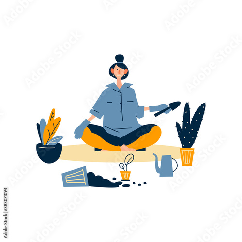 A woman enjoying their hobbies - home gardening. A pretty girl cares for flowers, watering, replanting in pots. Flat cartoon vector illustration on white background.
