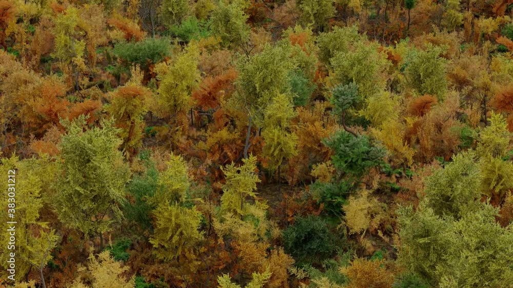 Animated close up of fly over forest in autumn or fall with lots of small birds flying in between trees. Simulated as if in cloudy day, with little fog in background and at horizon line. Animated close up of fly over forest in autumn or fall with lots of small birds flying in between trees. Simulated as if in cloudy day, with little fog in background and at horizon line.