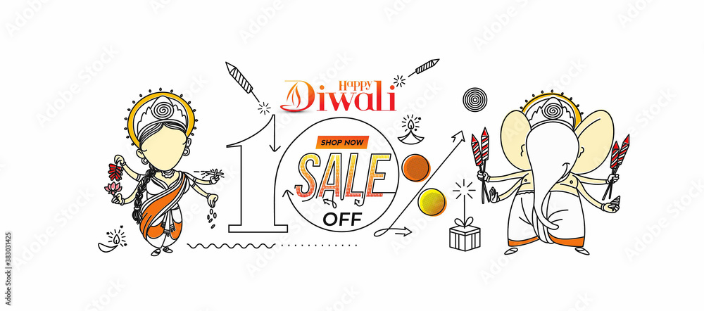 Diwali Hindu festival Poster, Abstract Flat 10% Sale Poster Banner Vector illustration.