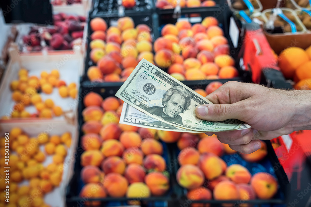 buying fruit in the supermarket. the buyer gives cash for the purchase