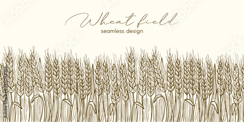 Wheat field seamless border in graphic sketch style. Vector hand drawn vintage outline illustration for poster, label and menu bakery shop.