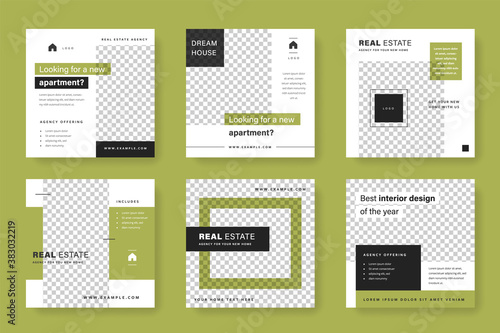 Elegant and modern social media post templates with green background color. Square graphic for instagram and facebook