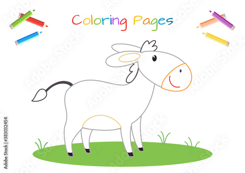 Funny donkey. Coloring book for little ones. Educational game for children. Cartoon vector illustration