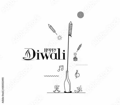Rocket firecrackers in a pot with text of Happy Diwali -  ine art vector Background.