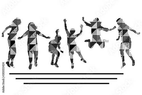 Fototapeta Naklejka Na Ścianę i Meble -  Children silhouettes in black and white geometrical pattern