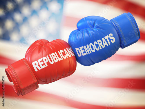 Democrats vs. Republicans. Two boxing gloves against each other in colors of Democratic and Republican partie, 3d rendering