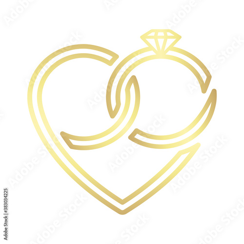  Two wedding gold intertwined rings forming a heart. Vector icon isolated on white background.