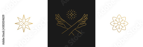 Vector line feminine decoration design elements set - flower and female gesture hands illustrations minimal linear style