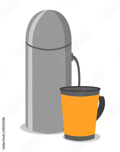 Camping metal thermos and mug. Isolated objects on white background. Vector illustration.