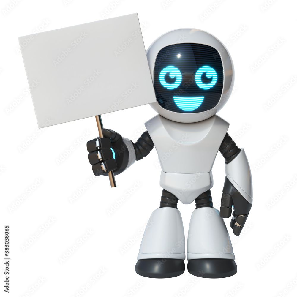Little robot holding blank white board, 3d rendering Little robot holding blank white board, 3d rendering