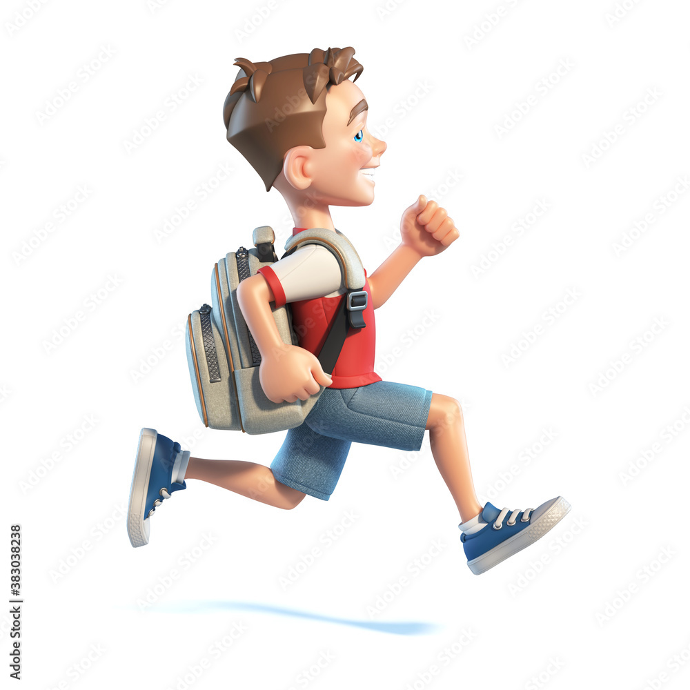Young boy with school bag running, stylized cartoon character, school kid  3d rendering Stock Illustration | Adobe Stock