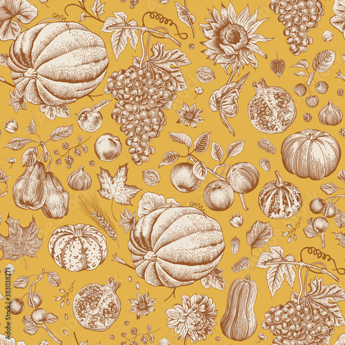 Happy Autumn. Harvest. Autumn seamless pattern. Vector vintage illustration. Yellow and brown