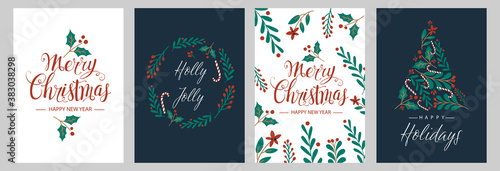 Set Christmas cards with Christmas tree, wreath, christmas decorations. Vector