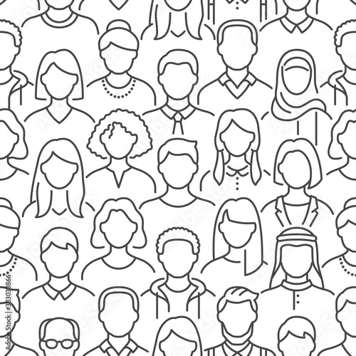 Crowd of people vector seamless pattern. Monochrome background with diverse unrecognizable business men, woman line icons. Black white color illustration