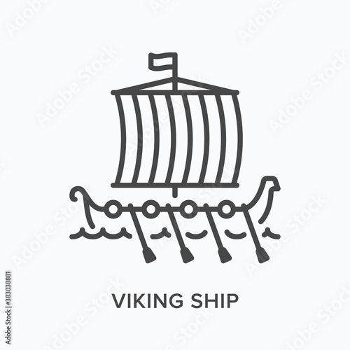 Viking ship flat line icon. Vector outline illustration of norse drakkar, nordic sail boat, sea transportation. Scandinavian longship thin linear pictogram