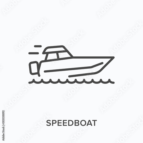 Speedboat flat line icon. Vector outline illustration of speed boat, water transportation. Motorboat thin linear pictogram