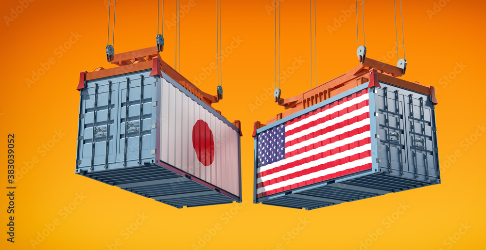 Freight containers with Japan and USA national flag. 3D Rendering 