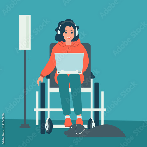Disabled Person in Wheelchair Working on Computer Desk in Home Office. Handicapped Business Character at Workplace. Disability Concept. Flat Cartoon Vector Illustration.