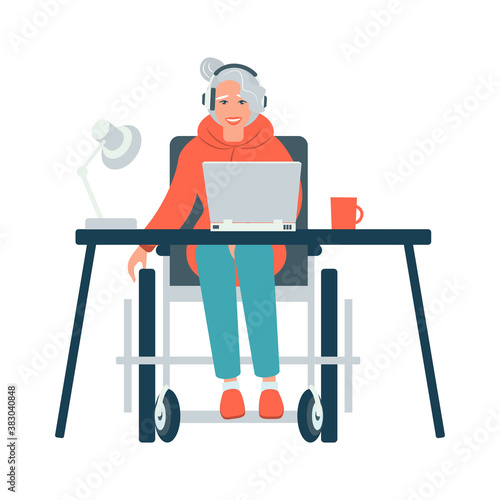 Disabled Person in Wheelchair Working on Computer Desk in Home Office. Handicapped Business Character at Workplace. Disability Concept. Flat Cartoon Vector Illustration.
