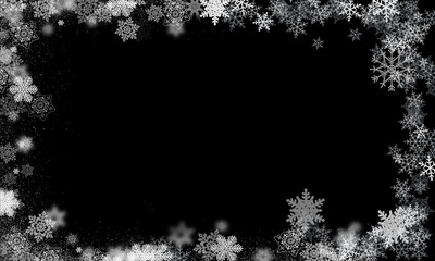 Snowflakes and snow borders on a black background, easy to use material
