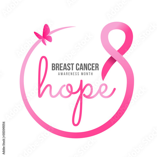 breast cancer awareness month - hope text in pink ribbon circle frame and butterfly banner vector design