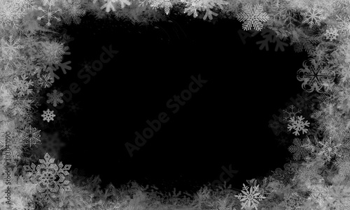 Snowflakes and snow borders on a black background, easy to use material