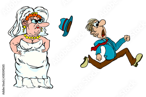 Funny newlyweds isolated on white background. Groom runs away from the bride. Running groom chased by bride. Scared groom running away from bride and marriage. Guy frightened of marriage. Stock vector