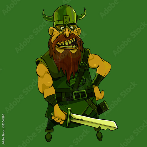 cartoon medieval bearded viking warrior in horned helmet with sword in hand